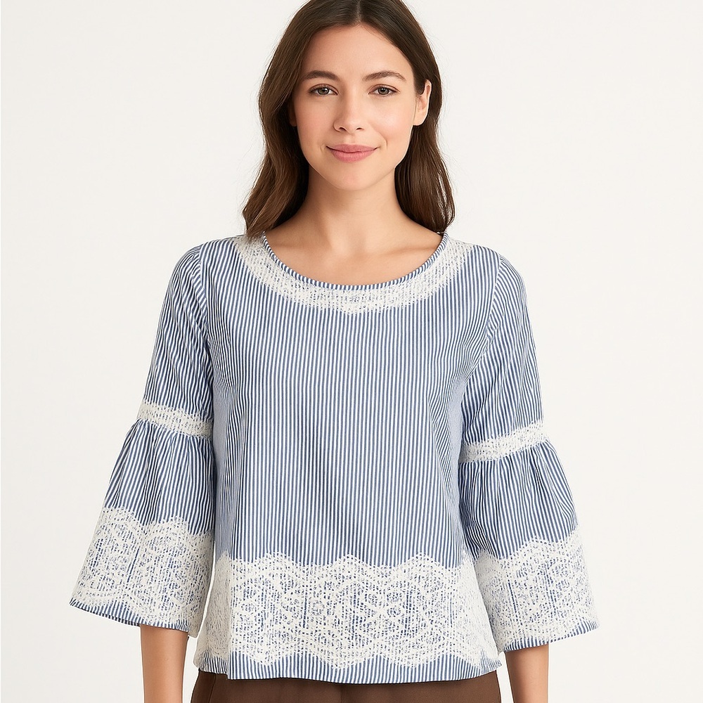 NWT Sensemill Blue Striped Bell Sleeve Lace Trim Blouse